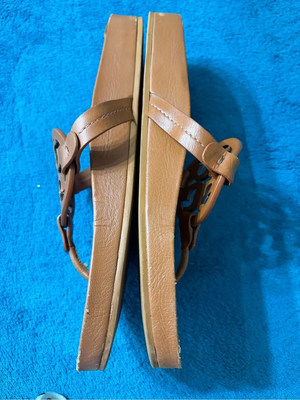 Tory Burch Cognac Leather Logo Thong Sandals